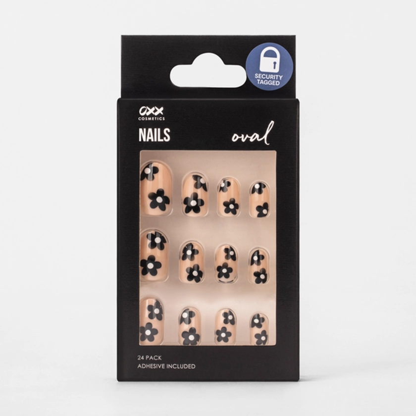 False Nails 24 Pack, Oval Shape, Black Blooms - OXX Cosmetics