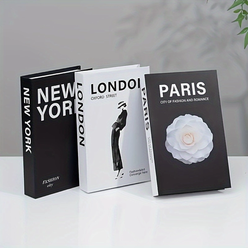 3-Piece Elegant Decorative Book Set - London, Paris, New York Themes - Space-Saving Foldable Design For Chic Home & Office Decor, Perfect For Shelf Di