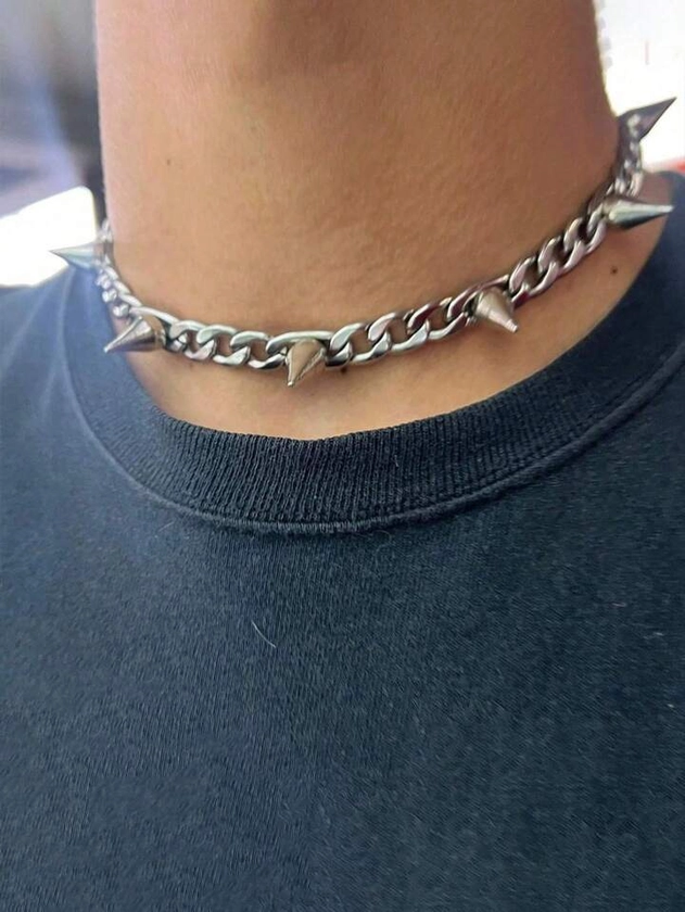 1 pieza Collar personalizado de cadena de metal de plata punk con borla para hombres y mujeres, para fiesta y uso diario