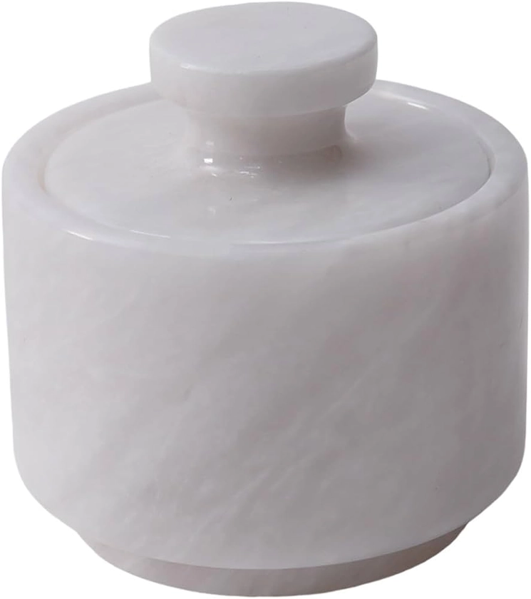 Marblouse kraft 3" x 3" marble salt celler with lid 3.5oz, herb pot & candy bowl for modern kitchen countertop, trinket jewelry dish decorative container (White)