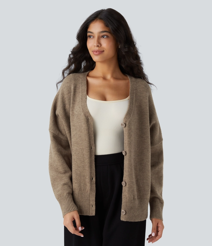 V Neck Dropped Shoulder Long Sleeve Button Oversize Work Cardigan