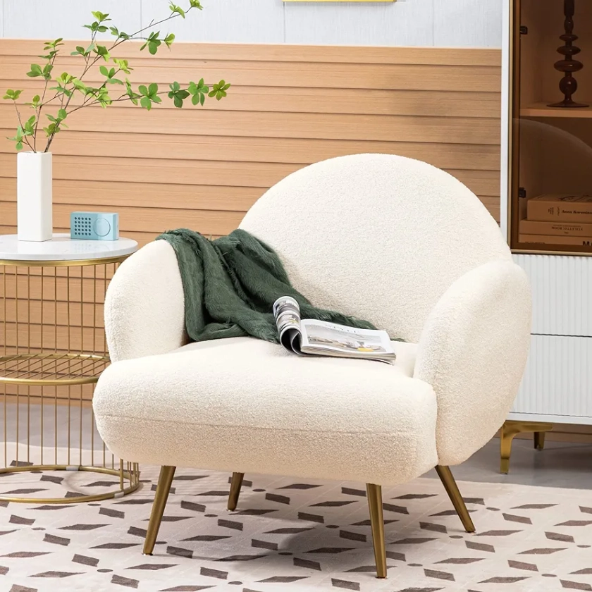 AISALL Accent Chair White with Golden Metal Legs,Reading Chair for Bedroom Comfy, Boucle Sherpa Chair for Living Room, Bedroom, Side Chair