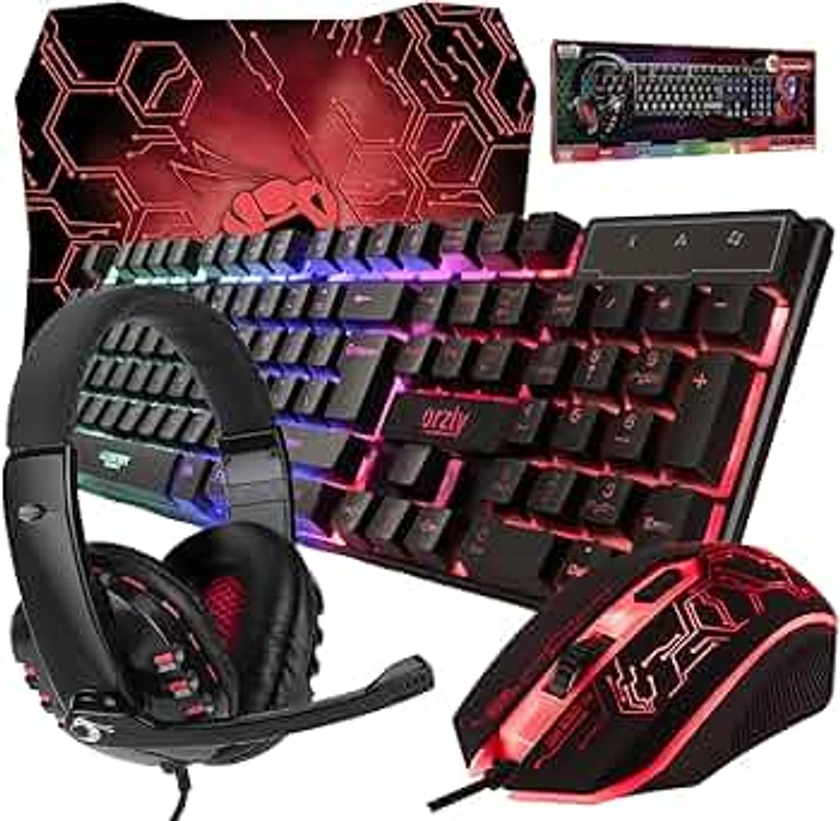 Gaming Keyboard and Mouse and Mouse pad and Gaming Headset, Wired LED RGB Backlight Bundle for PC Gamers and Xbox and PS4 Users - 4 in 1 Edition Hornet RX-250