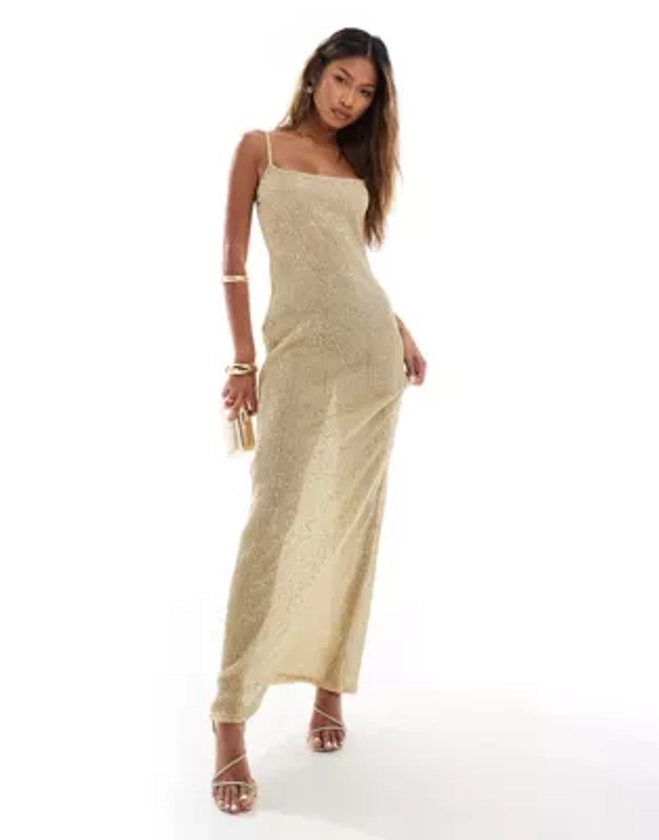 ASOS DESIGN square neck cami sequin midi dress in gold | ASOS