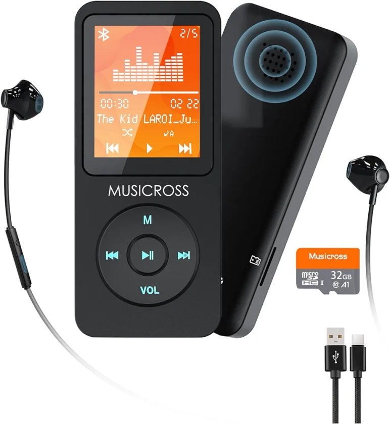 MP3 Players with Bluetooth 5.2, Music Player Walkman Kit Includes Earphone 32 GB Micro SD Card, Build-in Speaker, External Storage up to 128GB, Support Photo/Video/FM/Record/E-Book
