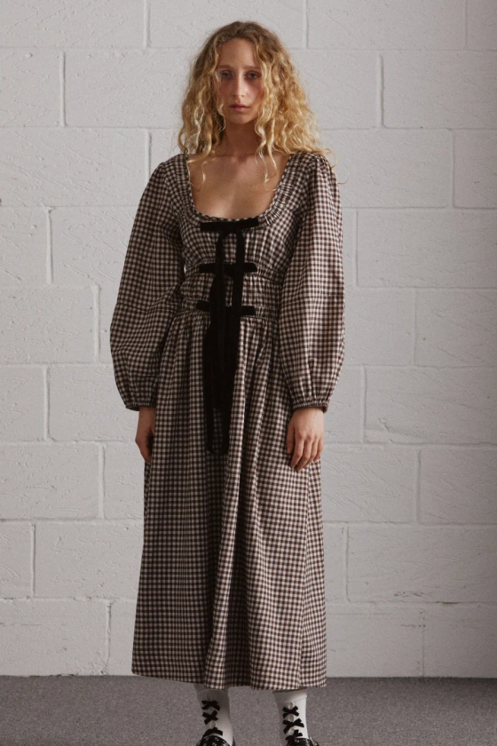 dakota bow midi dress - chocolate check