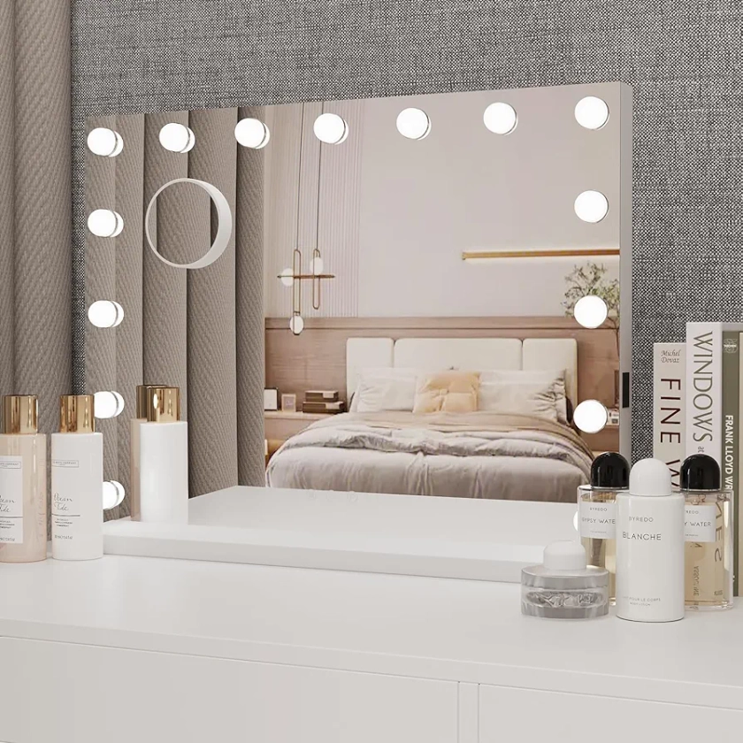 YOURLITE Hollywood Vanity Mirror with Lights, 58×45cm Lighted Makeup Mirror with 15 Dimmable Led Bulbs, 3 Lighting Modes, Touch Screen Control, Tabletop and Wall Mounted Cosmetic Mirror For Bedroom