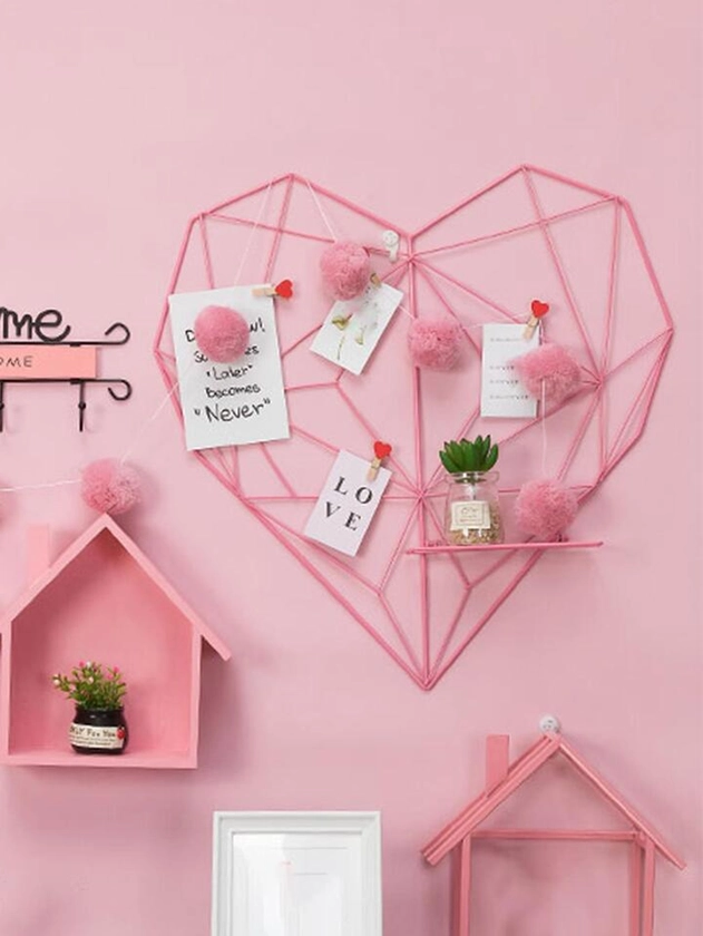 1pc Pink Iron Heart Shape Perforated Wall Mounted Organizer Shelf Decoration