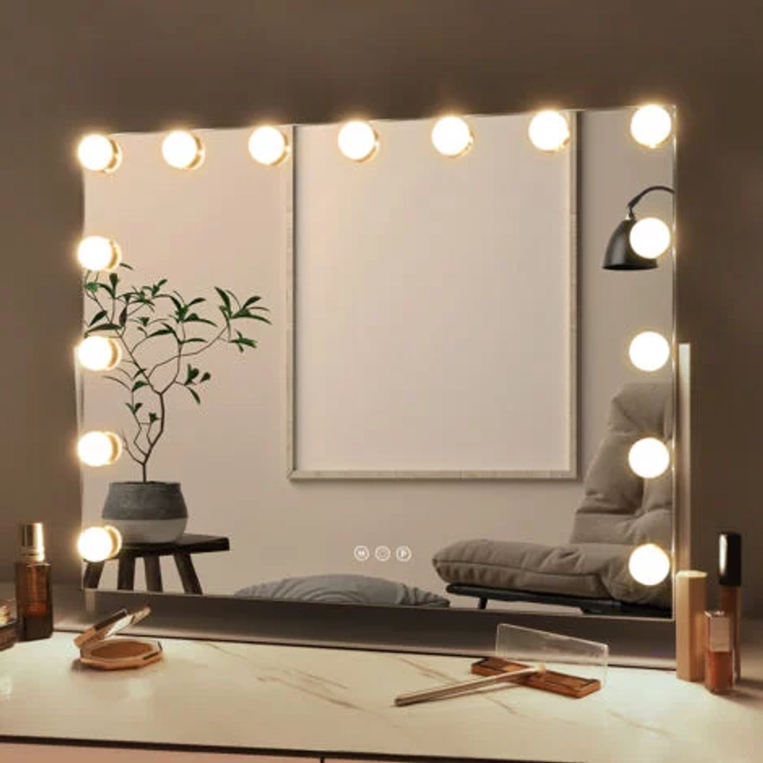 Miroir de maquillage rotatif gratuit 3 Couleurs Luminosité Ajustables 15 ampoules LED dimmables blanc 58cm x 46cm FENCHILIN