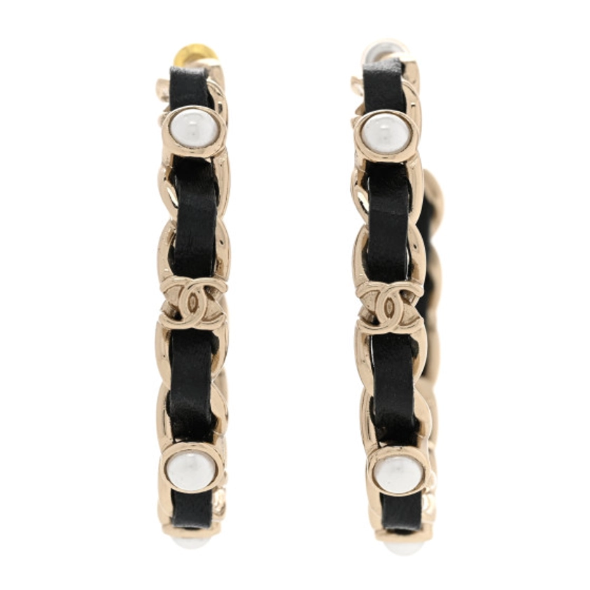 CHANEL Lambskin Pearl More Is More CC Chain Hoop Earrings Gold Black | FASHIONPHILE