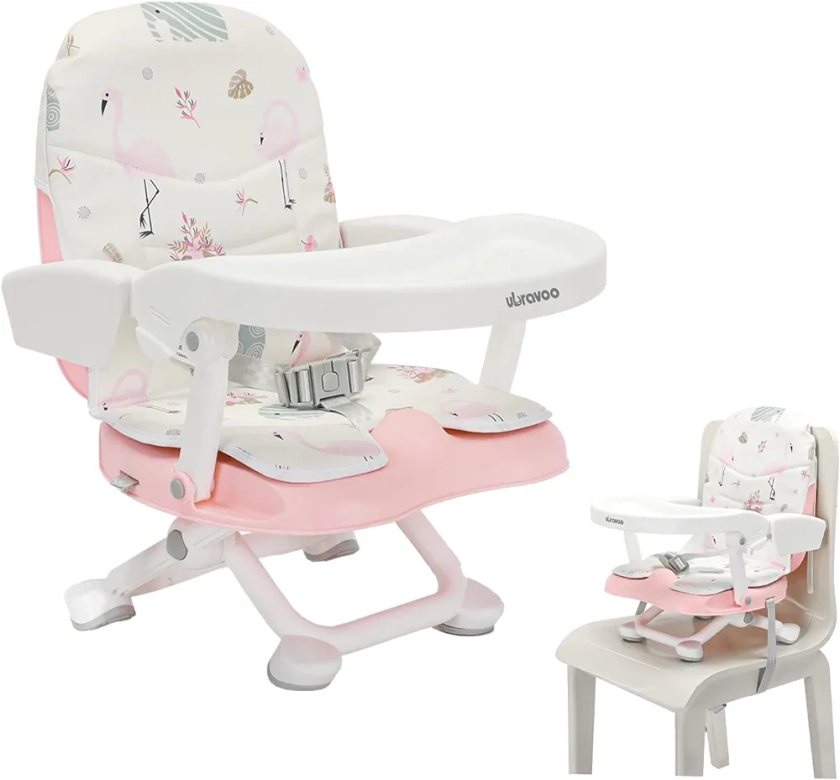 UBRAVOO Rehausseur, chaise haute portable et réglable avec plateau amovible pour enfants de 6 mois à 36 mois (Pink Flamingos)