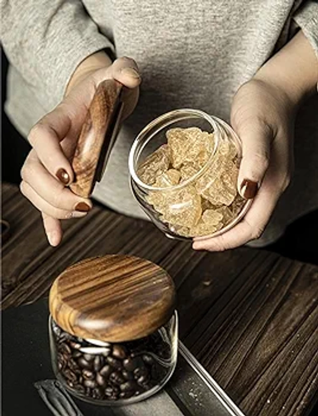 Qoti-Bocal en verre 300ml avec couvercle en bois d'acacia : Conservation artisanale pour épices, café, fruits secs - Style naturel - Mini bocal en verre hermétique