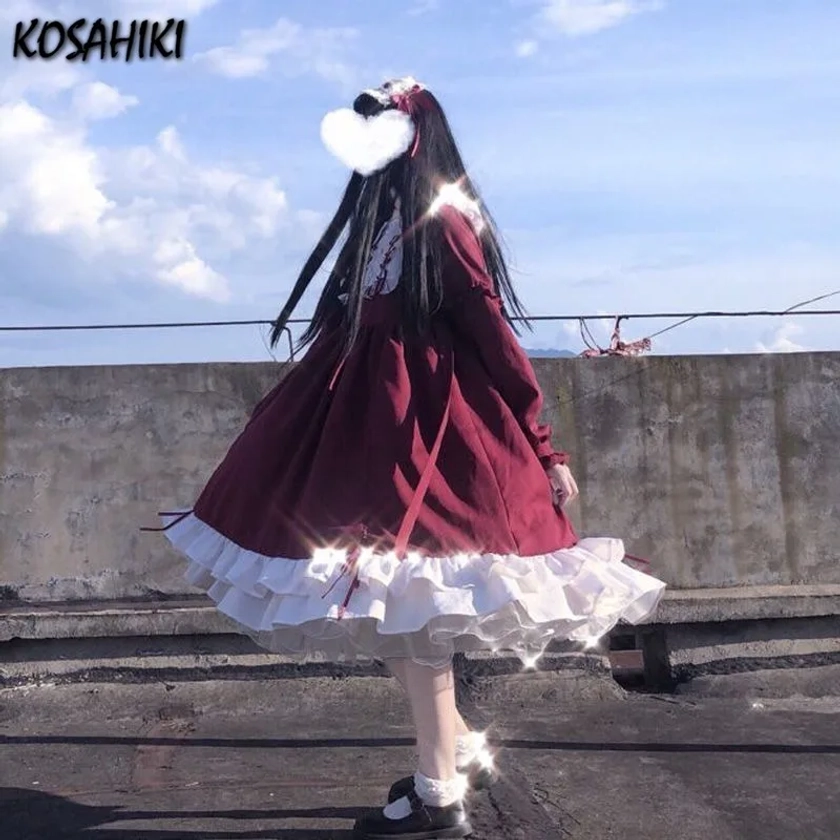 KOSAHIKI-Vestidos japoneses Kawaii de Lolita para Mujer, Vestido con volantes, cuello Peter Pan, lazo, Patchwork, Princesa, fiesta - AliExpress