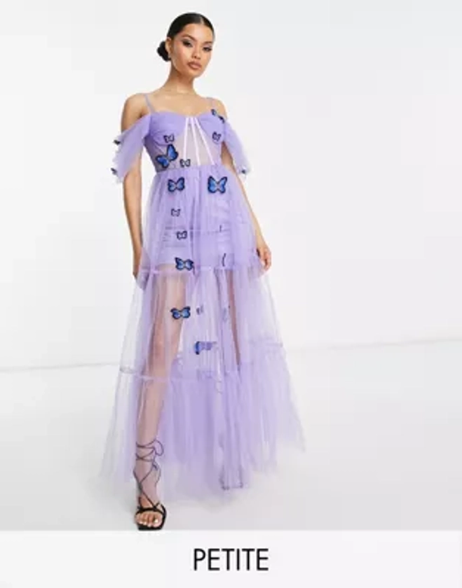 Esclusiva Lace & Beads Petite - Vestito a corsetto lilla trasparente con ricamo di farfalle in 3D | ASOS
