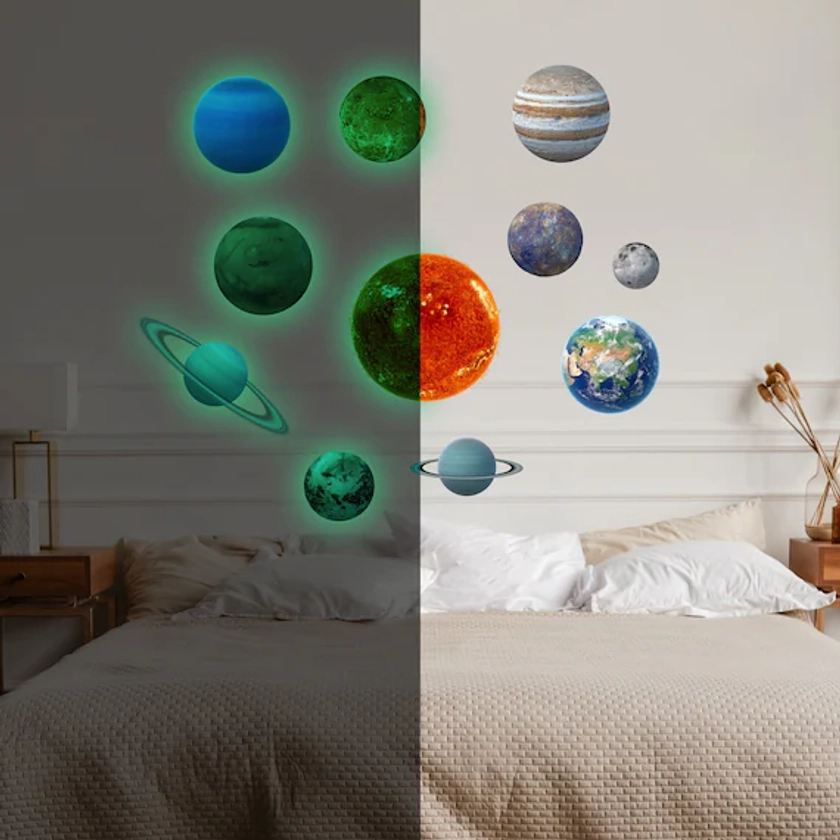 Glow In The Dark Planet Wall Decals - Solar System Glowing Sticker For Ceiling - Galaxy Kid Room Decor - 3d Outer Space Light Boy Decoration