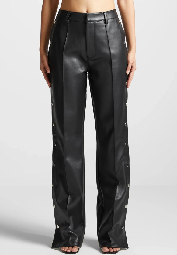 Vegan Leather Pintuck Popper Trousers - Black
