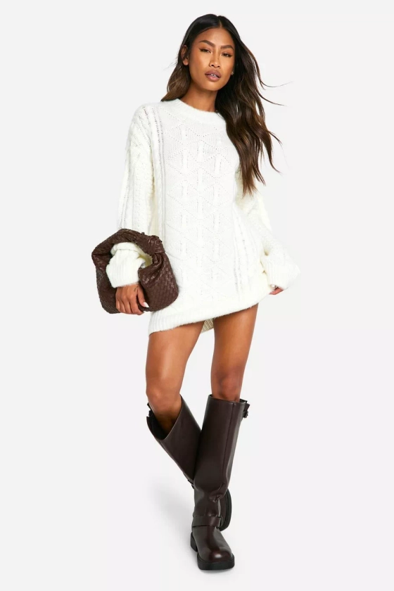 Brushed Knit Cable Detail Slouchy Mini Dress