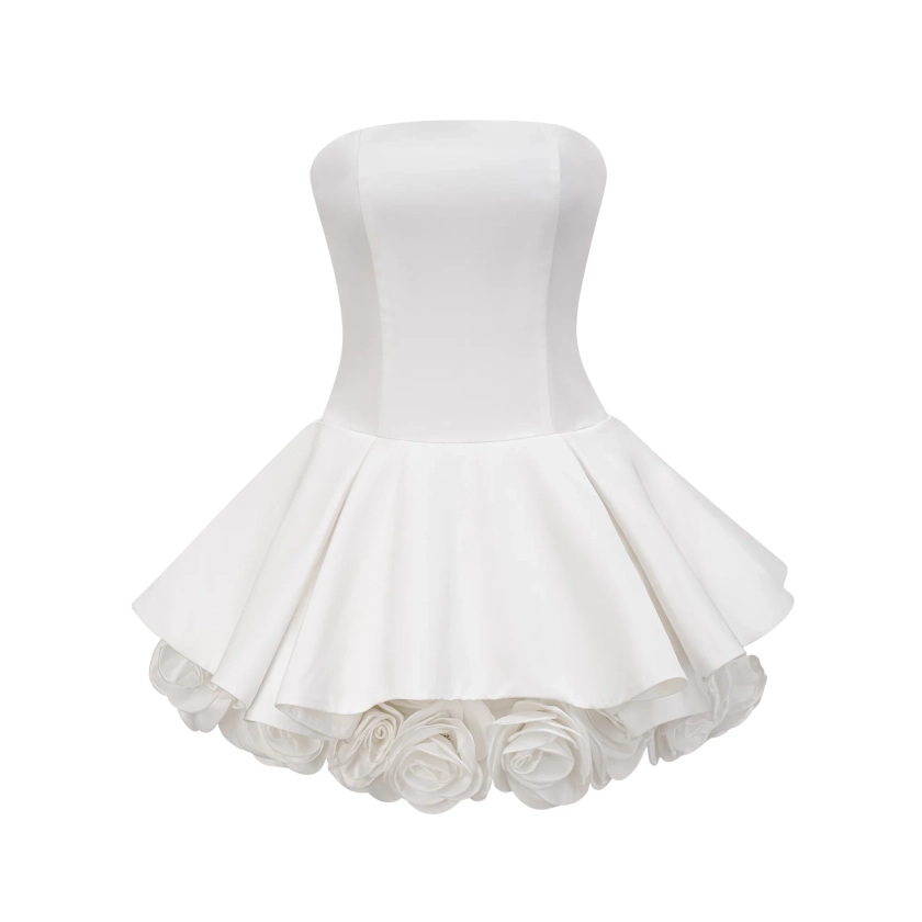 Lucie white petal-layered strapless corset mini dress