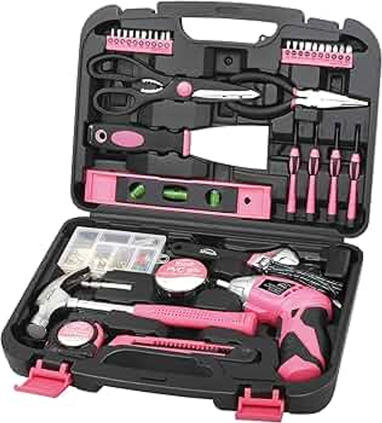 Apollo 135 Piece Household Tool Kit Pink with Pivoting Dual-Angle 3.6 V Lithium-Ion Cordless Screwdriver - DT0773N1