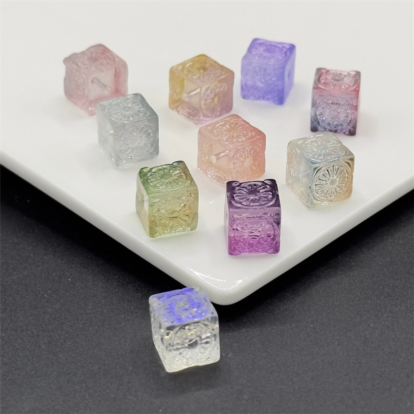 10pcs 11mm Glass Carved Flower Pattern Square Through Hole Sugar Beads For Jewelry Making DIY Bracelet Necklace Ancient Style Accessories