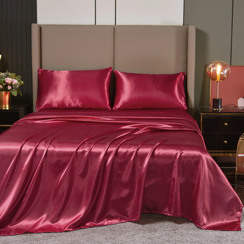 NTBED Satin Sheets Queen Burgundy Luxury Silky Bed Sheets 1800 Microfiber Sheet Set 4 Pcs