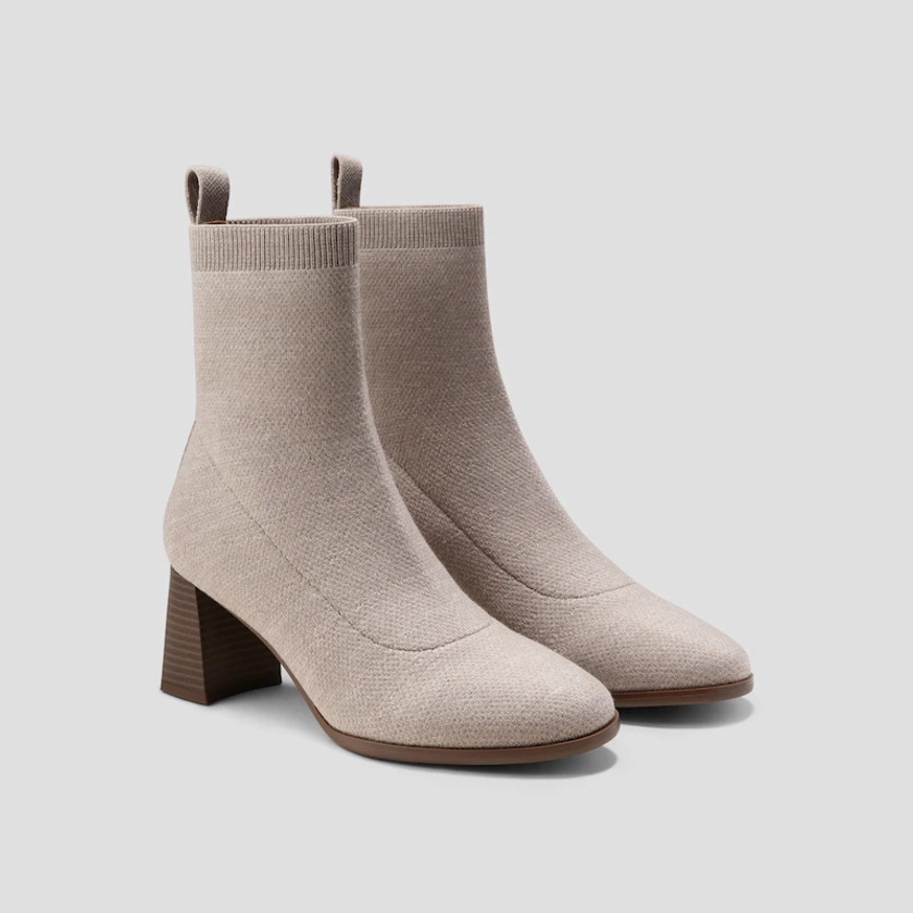 Thalita Round-Toe Wool Water-Repellent Heeled Boots in Oatmilk | VIVAIA