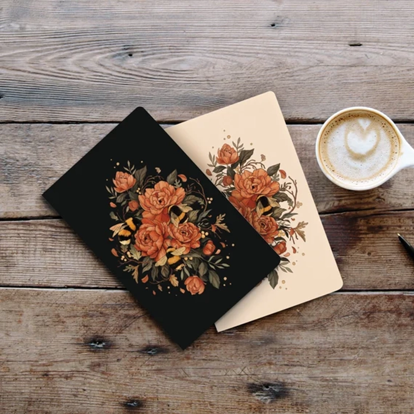 Bee and Flower Journal, Illustrated Lined Notebook, Floral Illustrated Notebook