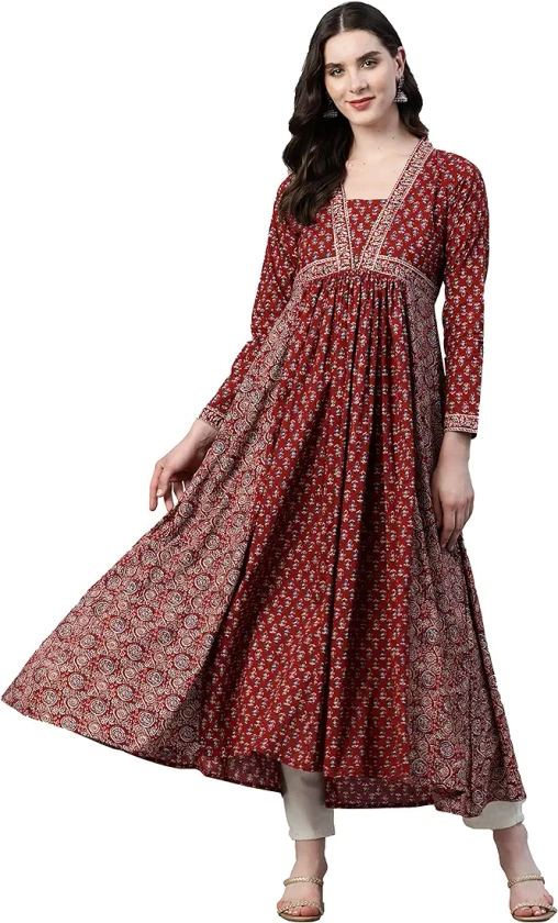 Buy Vbuyz Women's Floral Print Anarkali Cotton Stitched Kurta (VF-KU-2039-42_Red_X-Large) at Amazon.in