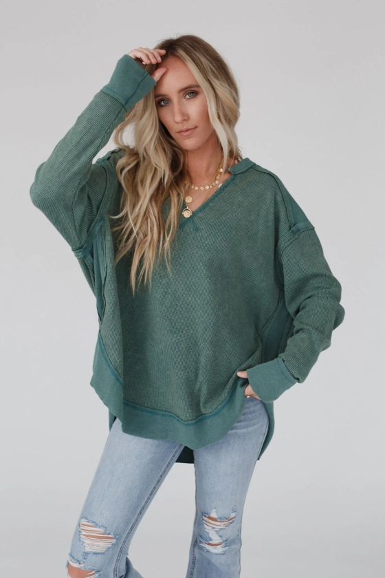 Flipside Contrast Ribbed Knit Top - Green
