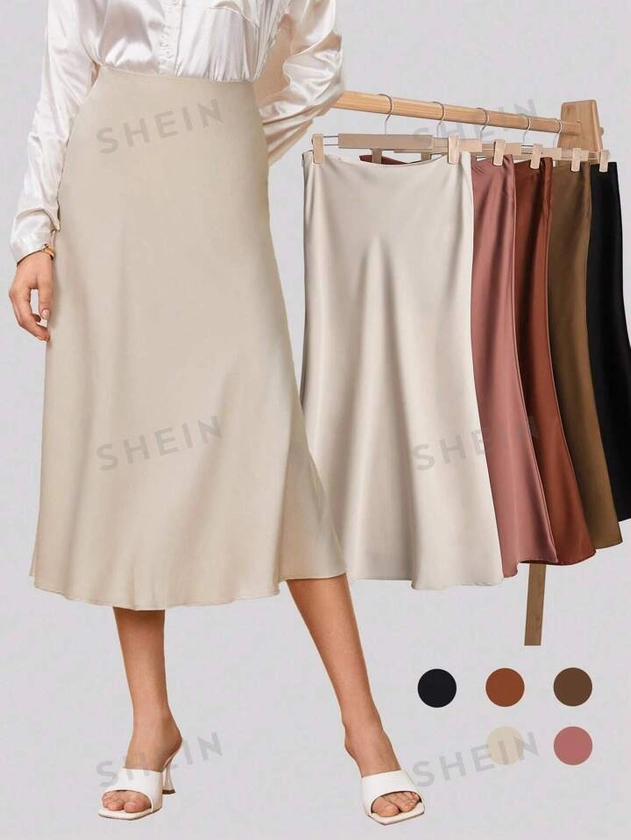 SHEIN BIZwear Saia Midi De Cintura Alta Em Cetim De Cor Sólida Para Roupas De Trabalho Femininas