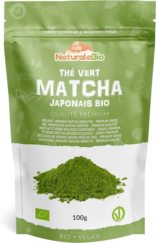 Thé Matcha Bio Japonais - Premium Qualité - 100 gr. en Poudre Naturel. Produit au Japon Uji, Kyoto. Idéal à Boire, pour Cuisiner et dans le Lait. NaturaleBio