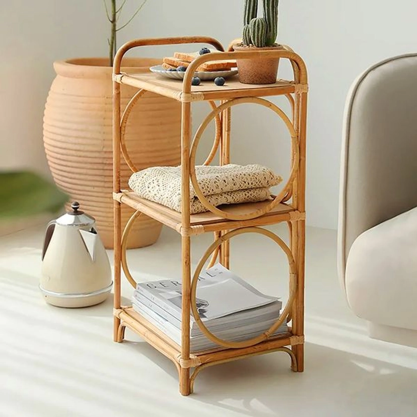 Pine Wood Side Table in Natural with 3-Tier Storage Rattan Woven End Table