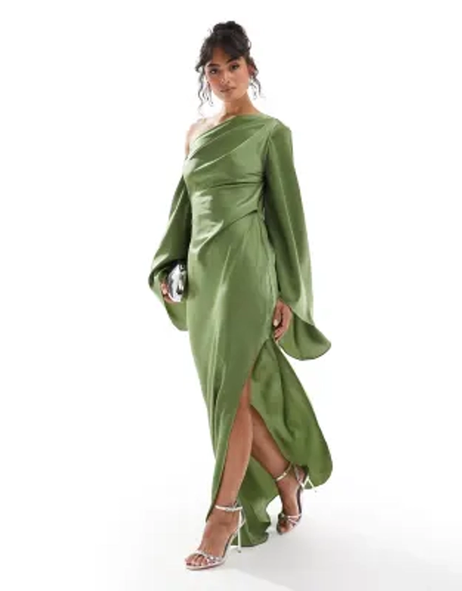 ASOS DESIGN extreme one shoulder satin maxi dress with asymmetric hem in green | ASOS