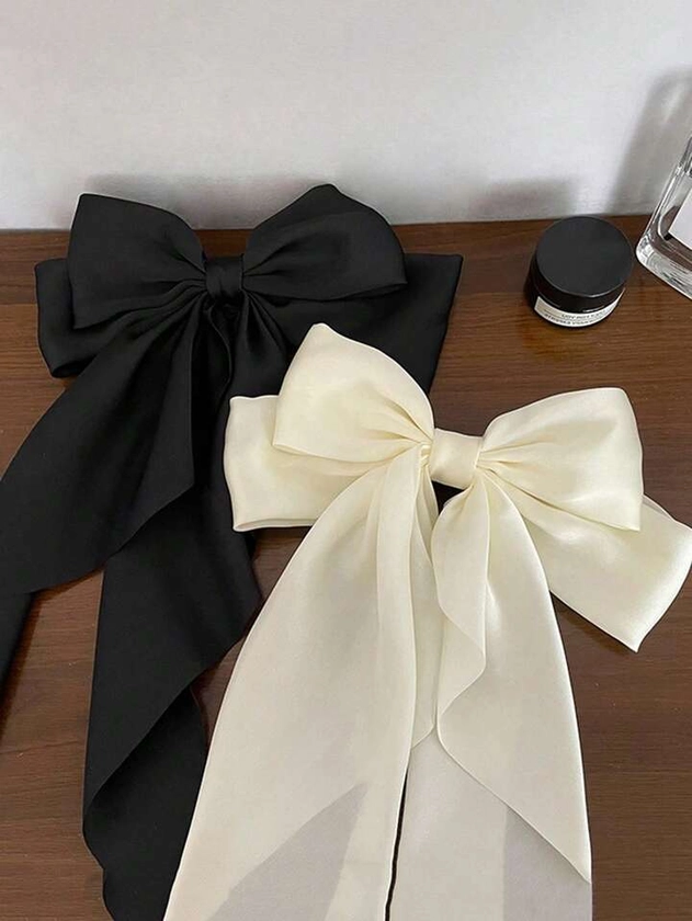 2pcs Women's Oversized Black & White Satin Butterfly Bow Hair Clip, Elegant & Versatile Retro Fashion Hair Accessory For Daily Wear & Outfit Decoration