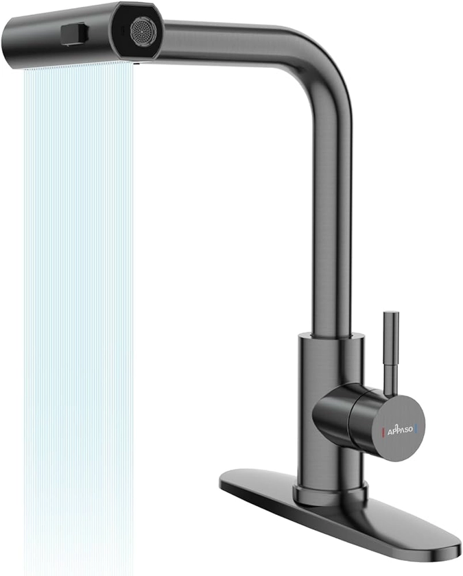 Amazon.com: APPASO Waterfall Kitchen Faucet with Pull Down Sprayer, Black Stainless Kitchen Faucet with Sprayer 3 Modes, Gunmetal Gray Stainless Steel 360° Swivel Kitchen Sink Faucet, Single Handle Kitchen Faucet : Automotive