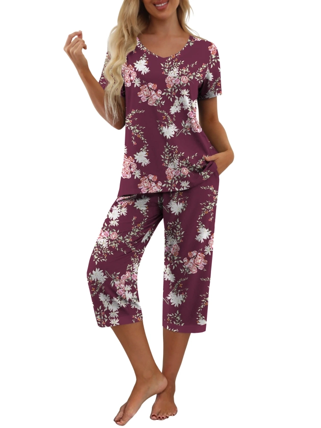 MINTREUS Women's Pajama Sets Short Sleeve Shirt and Capri Soft Pajama Sets with Pockets