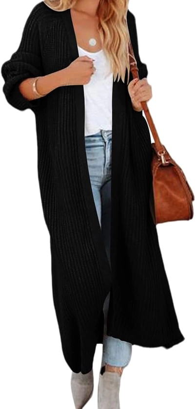 Newffr Women's Open Front Maxi Long Knitted Cardigan Solid Casual Loose Cable Sweater Coat Outwear Black at Amazon Women’s Clothing store