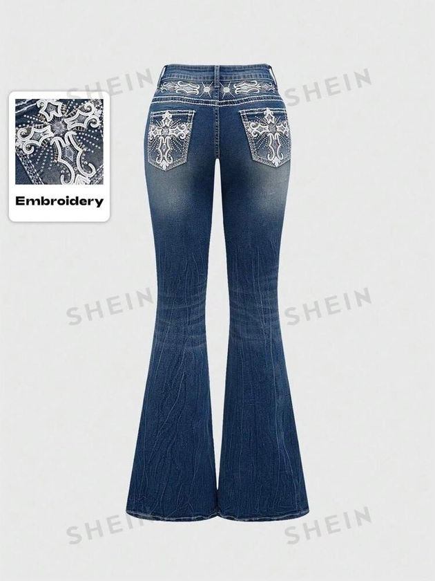 ROMWE Grunge Punk Y2K Vintage Millennium Sexy Pocket Cross Wings Embroidery Women's Slim Flared Jeans