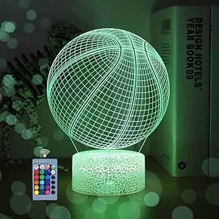 WHATOOK Veilleuse de basket-ball pour garçons, cadeau de basket-ball, lampe illusion 3D avec télécommande, 16 couleurs changeantes, meilleur jouet pour les fans de basket-ball et de sport