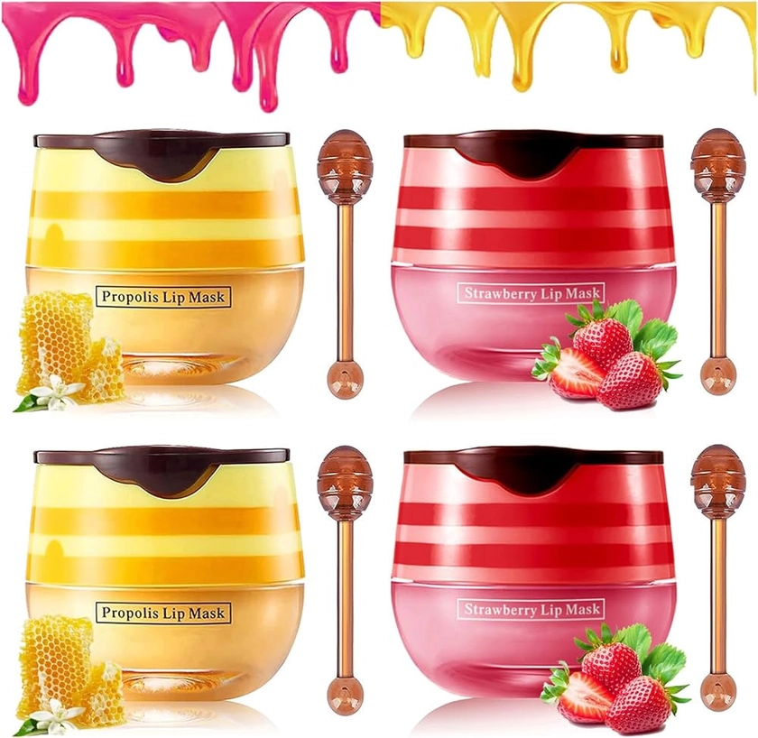 Bee Balm Lip Balm Honey Pot Propolis Lip Mask, Strawberry Honey Lip Sleep Mask Moisturizing Prevention Dry and Cracked Lip Scrubs Exfoliator, Reduces Lip Lines (2packs strawberry+2packs honey)