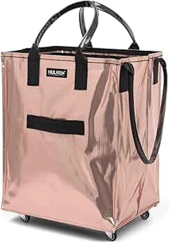 (Medium, Rose Gold) Reusable Grocery Bag On Wheels, Shopping Trolley, Rolling Tote, Zipper Closure, Lightweight, Carries Up to 66 lb, Folds Flat, Unbreakable Handles