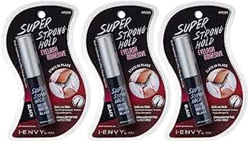i-ENVY by KISS Super Strong Hold Eyelash Adhesive Waterproof, Long-Lasting Strip Lash Glue, Natural-Looking Allergy & Latex Free with Brush Applicator (Black, 3 Pack)