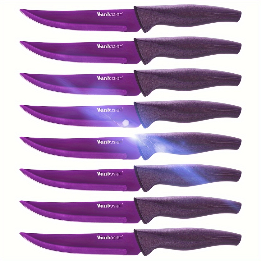 Steak Knives Set, 8 Pcs Kitchen Knife with Non-Stick Purple Coating, Dishwasher Safe, Ergonomic Handles, Stainless Steel