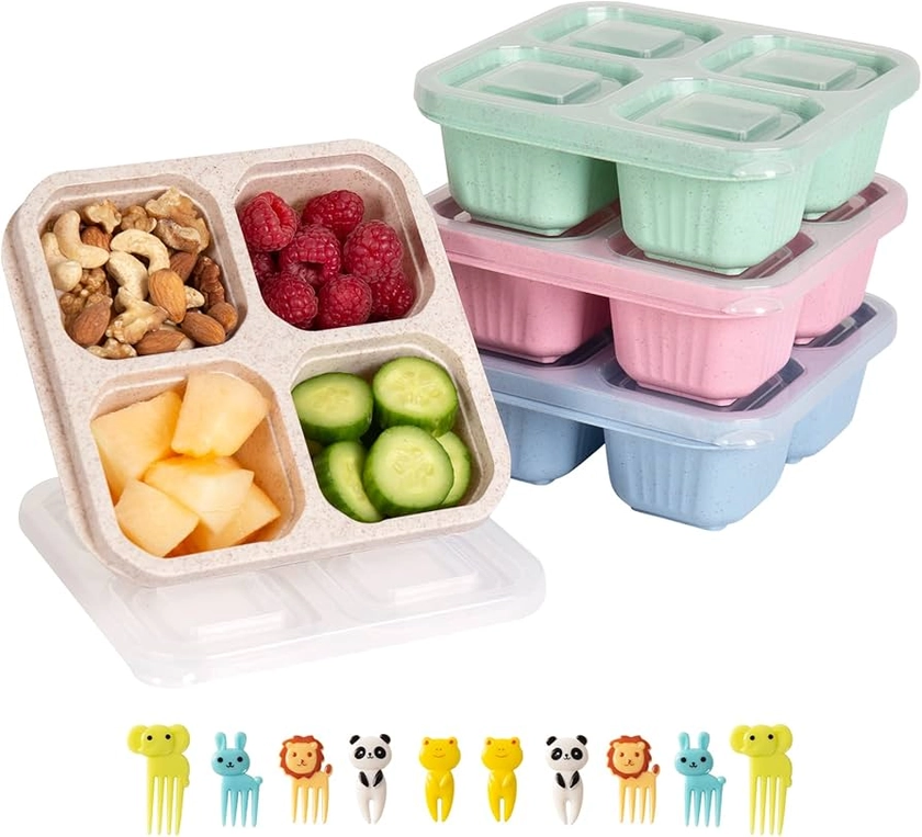 4 Pack Snack Containers for Kids Adults, 4 Compartment Bento Snack Box, Reusable Meal Prep Lunch Containers with Compartment, Divided Small Snack Containers Bento Box for Travel Work