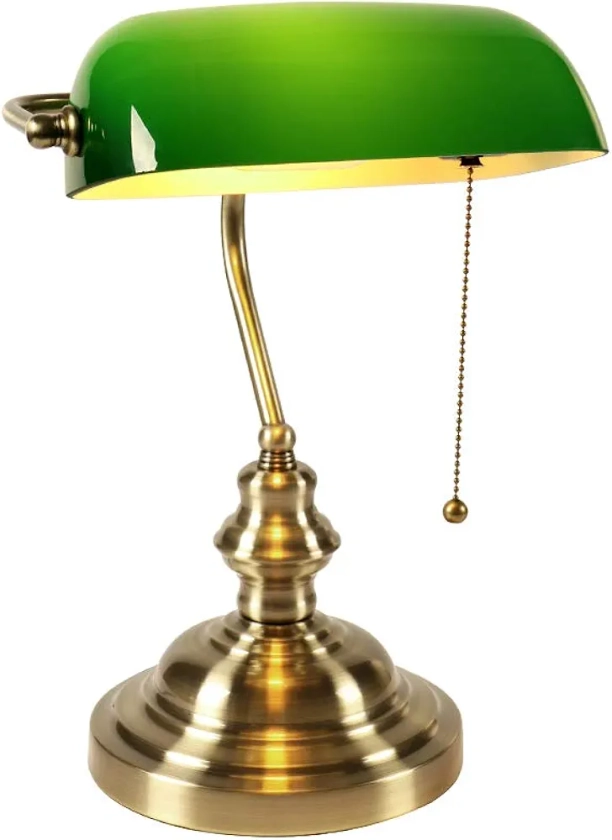 Newrays Lampe de bureau de banquier en verre avec interrupteur à chaîne (Vert)