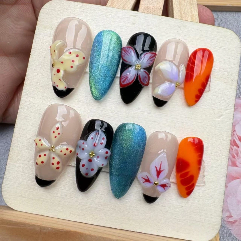 3D Flower nails/custom press on nails/party press on nails/Flakes for nails/wedding nails gift/Japanese nails/Long nails/Almond nails