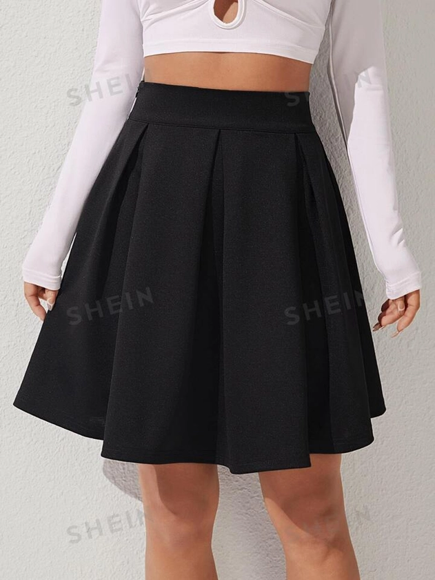 SHEIN PETITE High Waist Solid Pleated Black Skirt