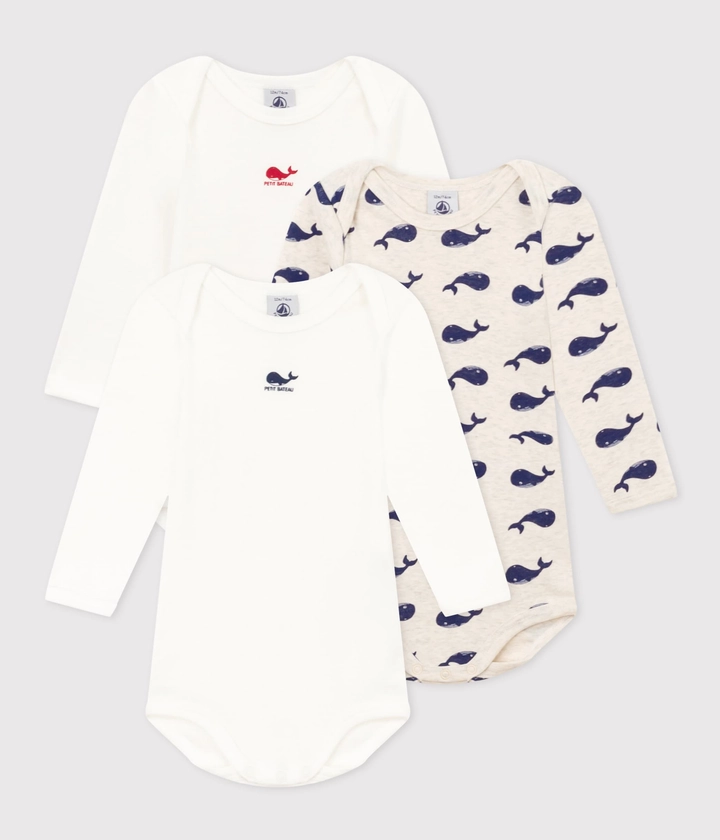 Lot de 3 bodies manches longues baleines bébé en coton