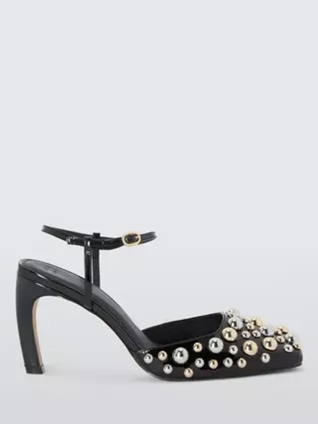 John Lewis x A.W.A.K.E. MODE Square Toe Dome Stud Open Leather Court Shoes, Black Patent Naplak