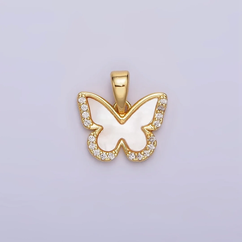 24K Gold Filled Shell Pearl Micro Paved CZ Butterfly Wings Pendant AA582 - Etsy